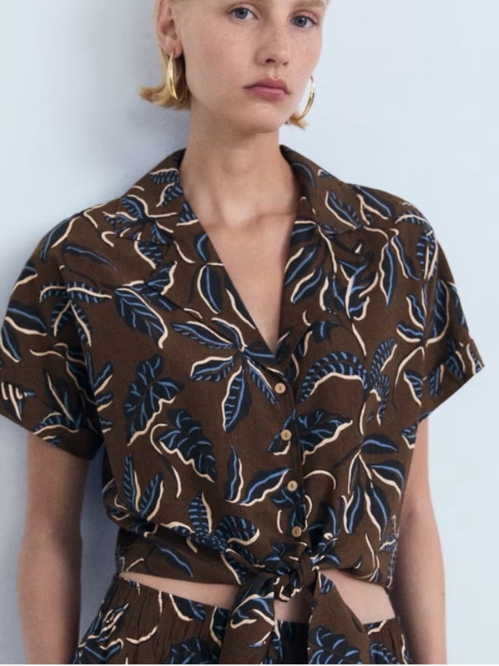 Mango Brown Resort wear Leaf-Print Tie-Front Button-Down Top with Blue Accents